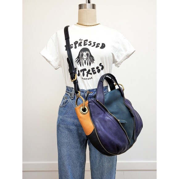 Purple Green COLORBLOCK Leather ORYANY Y2K Satchel Brass Zipper Jumbo Purse - Picture 3 of 10